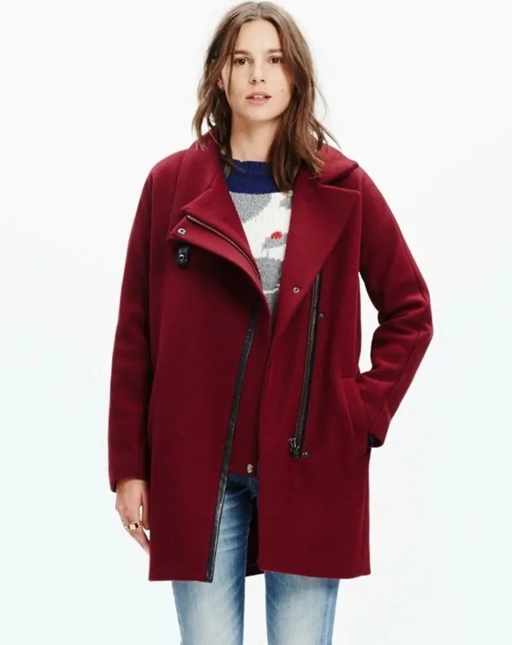 Madewell City Grid Coat Burgundy Wool Blend Moto Zip Coat Size 0